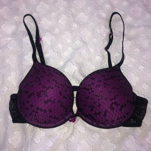 Purple and black lace push-up bra